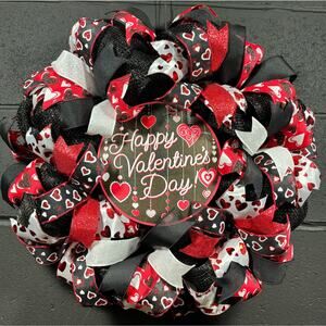 Valentine's Day Wreath Front Door Deco Mesh Red & Black Hearts Handmade 20 Inch